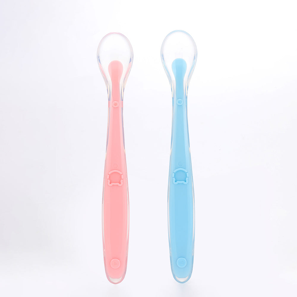 Cuillère silicone rose - bleu pour bébé, adaptée aux gencives sensibles